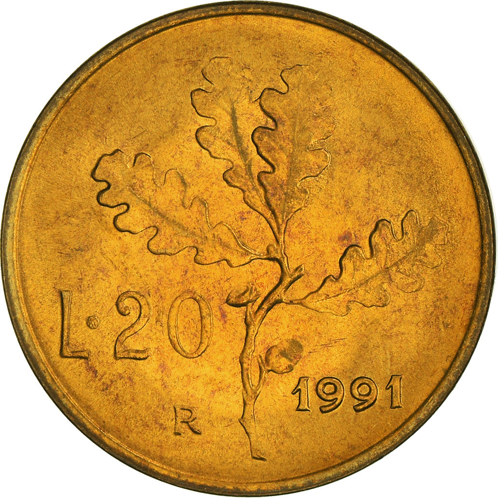 Coin, Italy, 20 Lire, 1991, Rome, MS(64), Aluminum-Bronze, KM:97.2