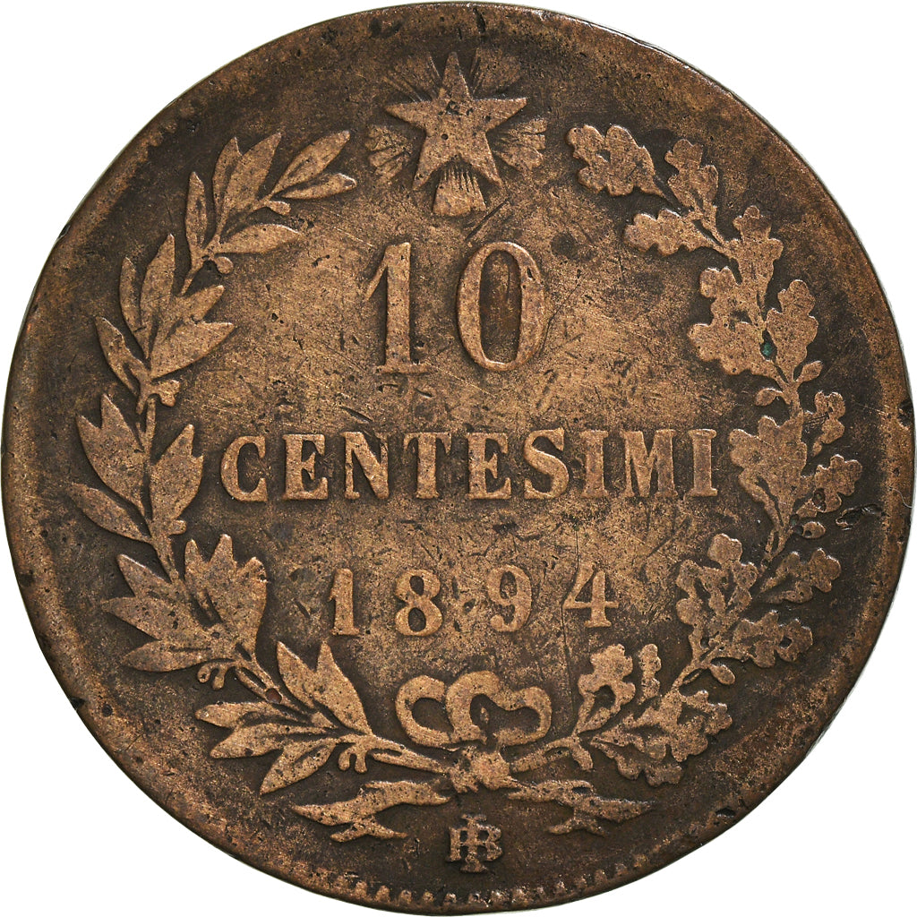 Moeda, Itália, Umberto I, 10 Centesimi, 1894, Birmingham, VF(20-25), Cobre