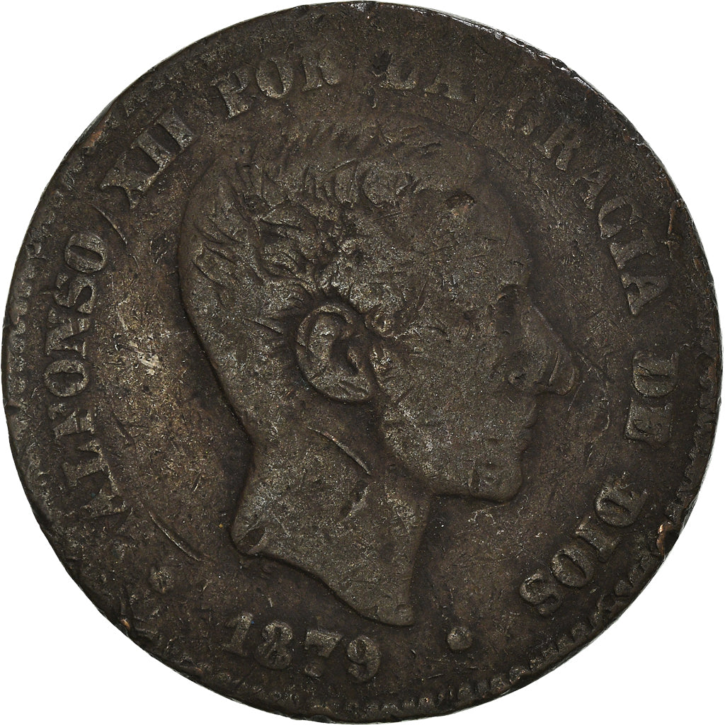 Moneta, Spagna, Alfonso XII, 10 Centimos, 1879, Barcelona, MB, Bronzo, KM:675