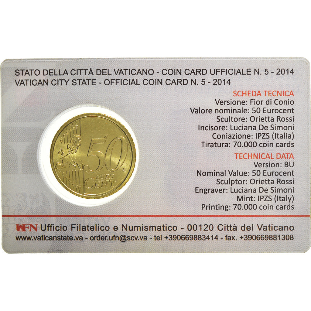 VATICAN CITY, 50 Euro Cent, 2014, Rome, Coin card, MS(65-70), Brass