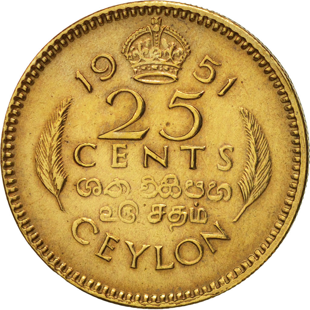 Ceylon, George VI, 25 Cents, 1951, AU(50-53), Nickel-brass, KM:122