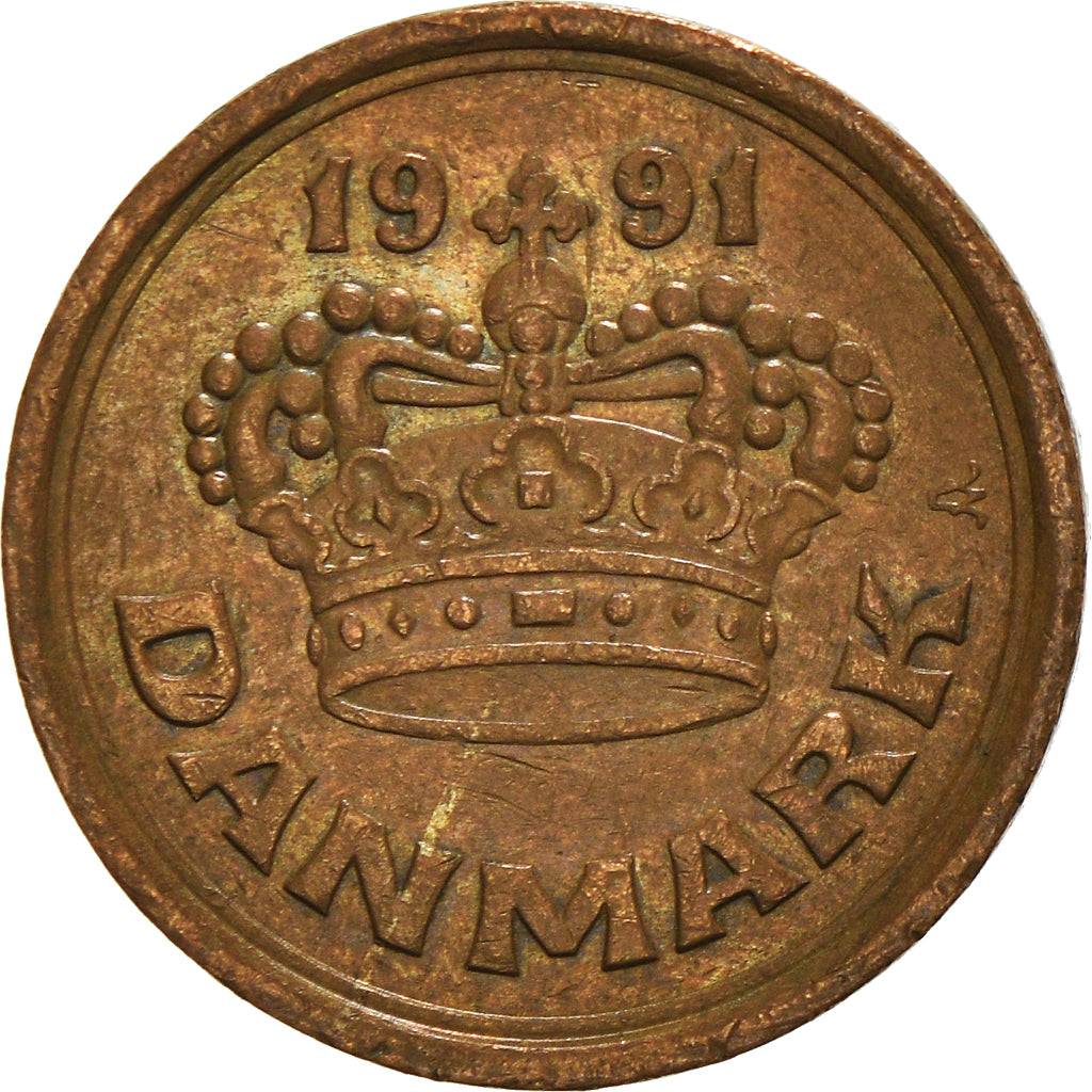 Coin, Denmark, Margrethe II, 25 Öre, 1991, Copenhagen, VF(30-35), Bronze
