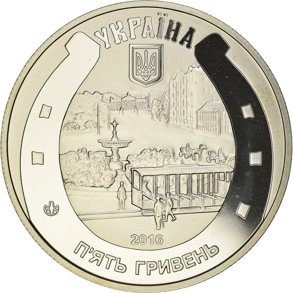 Coin, Ukraine, 5 Hryven, 2016, be. Horse-Drawn Tram, MS(65-70), Nickel Silver