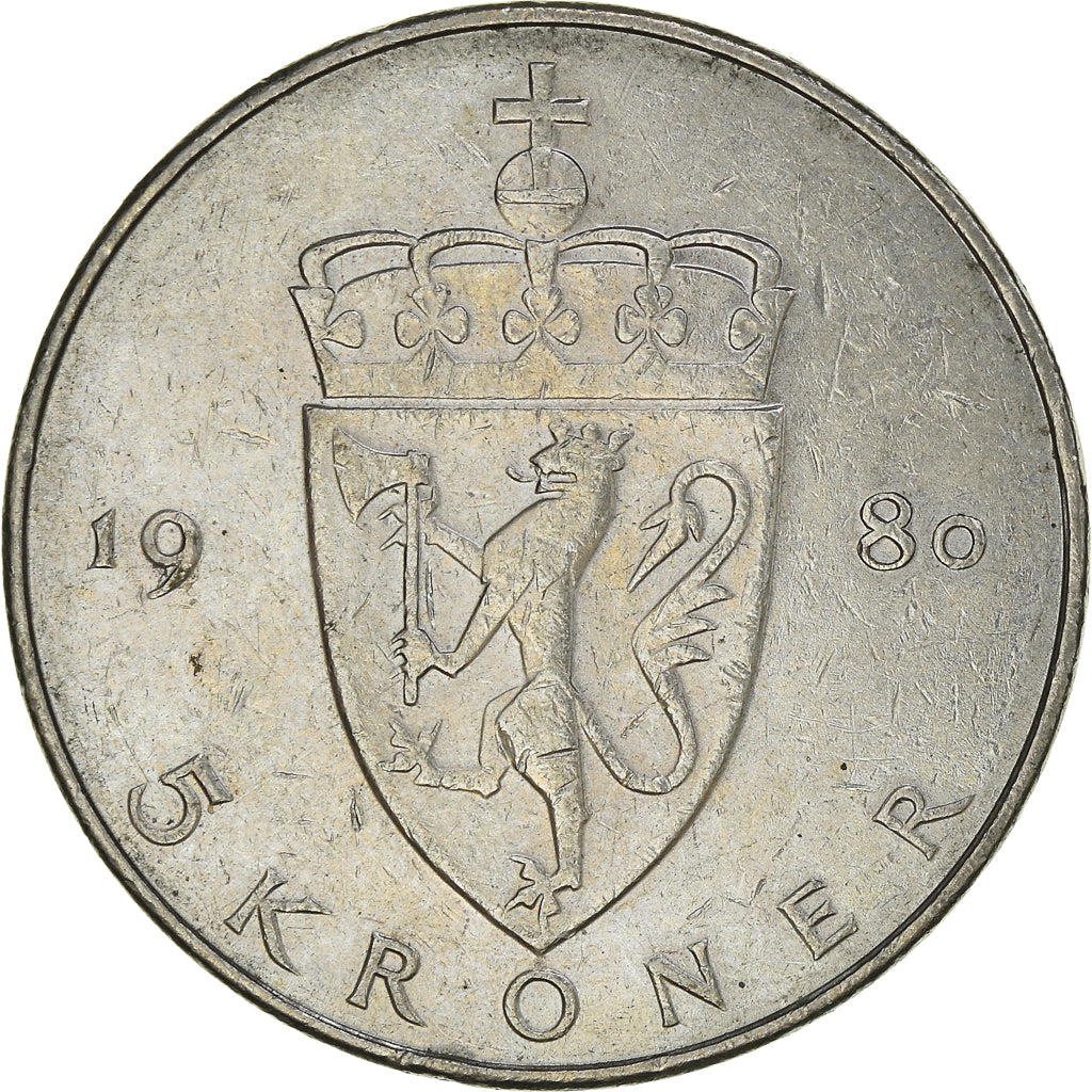 Coin, Norway, Olav V, 5 Kroner, 1980, EF(40-45), Copper-nickel, KM:420