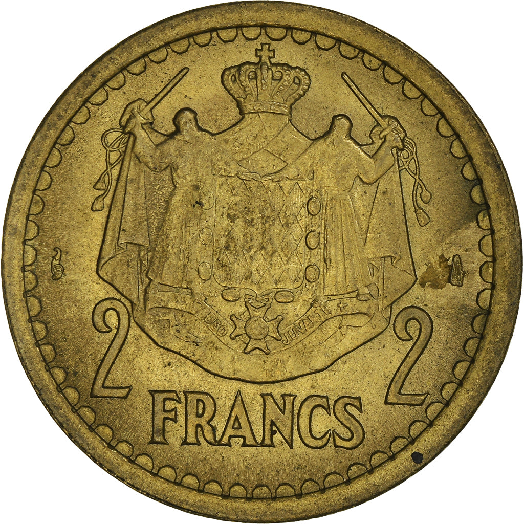 Moeda, Mónaco, 2 Francs, 1943, Paris, AU(50-53), Cobre-Alumínio, Gadoury:MC134