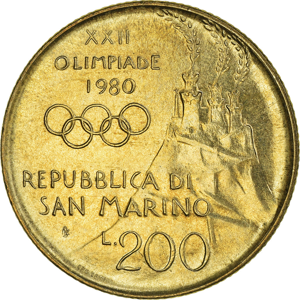 Moneda, San Marino, 200 Lire, 1980, Rome, MBC+, Aluminio - bronce, KM:109