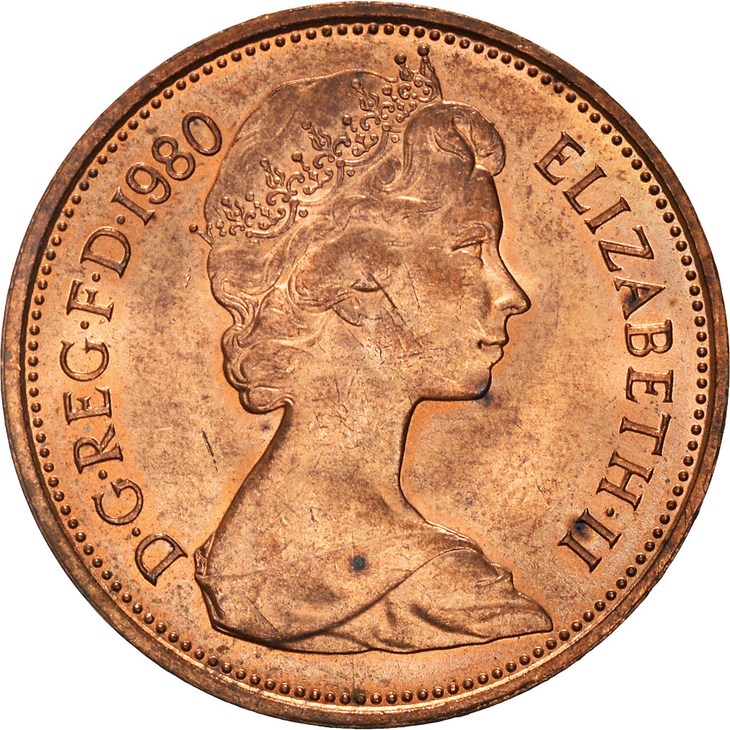 Coin, Great Britain, Elizabeth II, 2 New Pence, 1980, AU(50-53), Bronze, KM:916