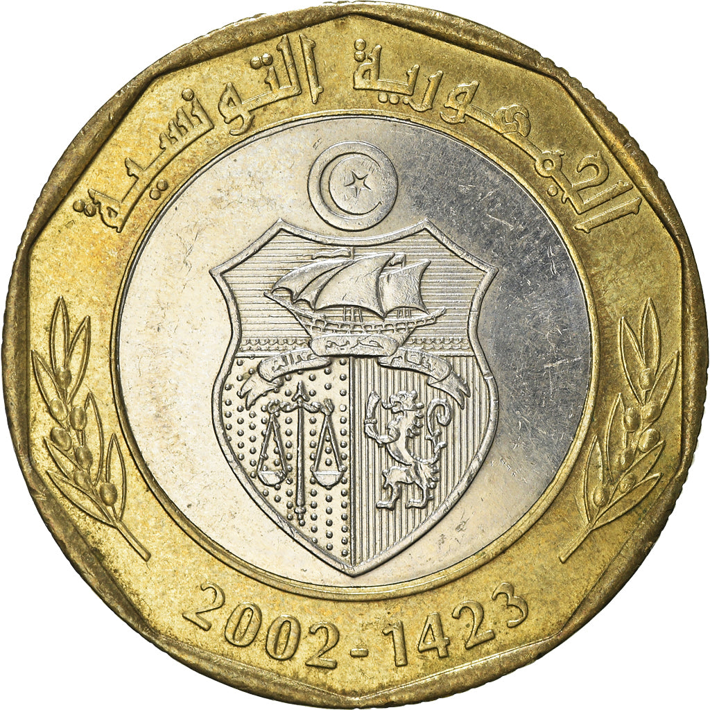 Coin, Tunisia, 5 Dinars, 2002, EF(40-45), Bi-Metallic, KM:350