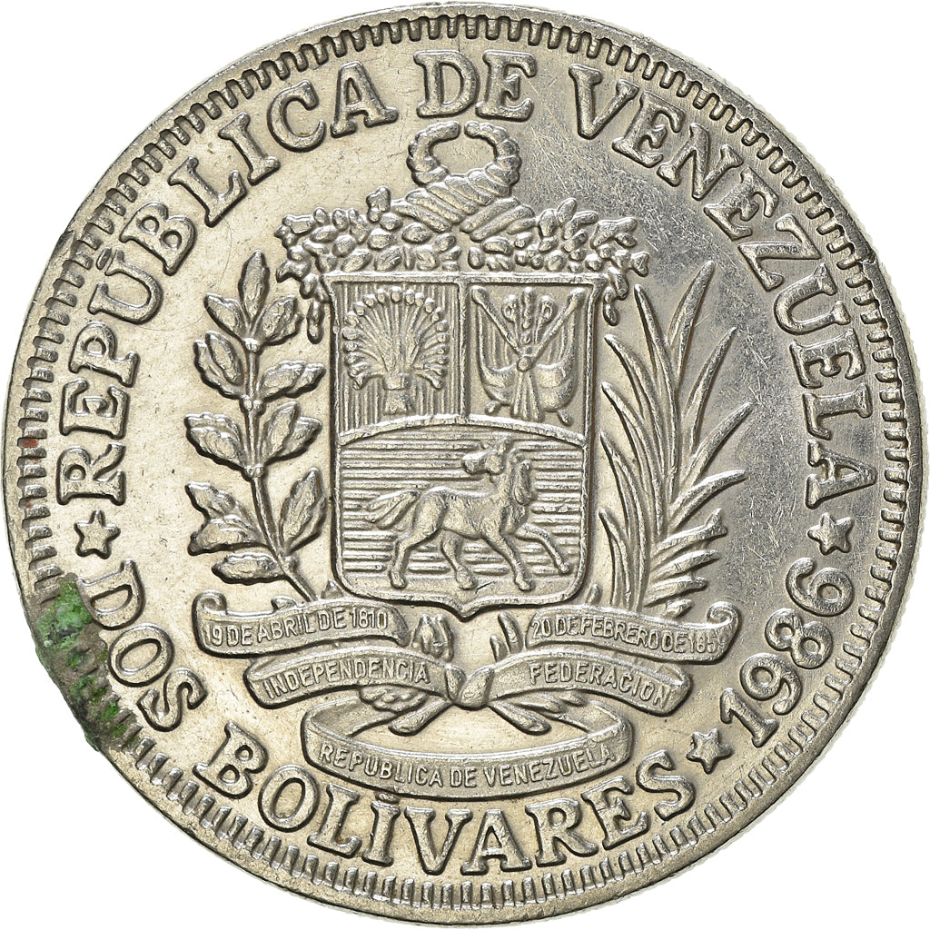 Moeda, Venezuela, 2 Bolivares, 1986, EF(40-45), Níquel, KM:43