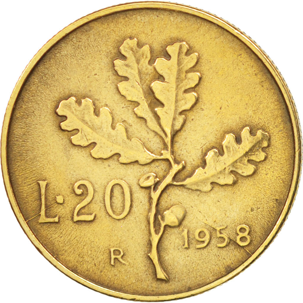 Italy, 20 Lire, 1958, Rome, AU(50-53), Aluminum-Bronze, KM:97.1