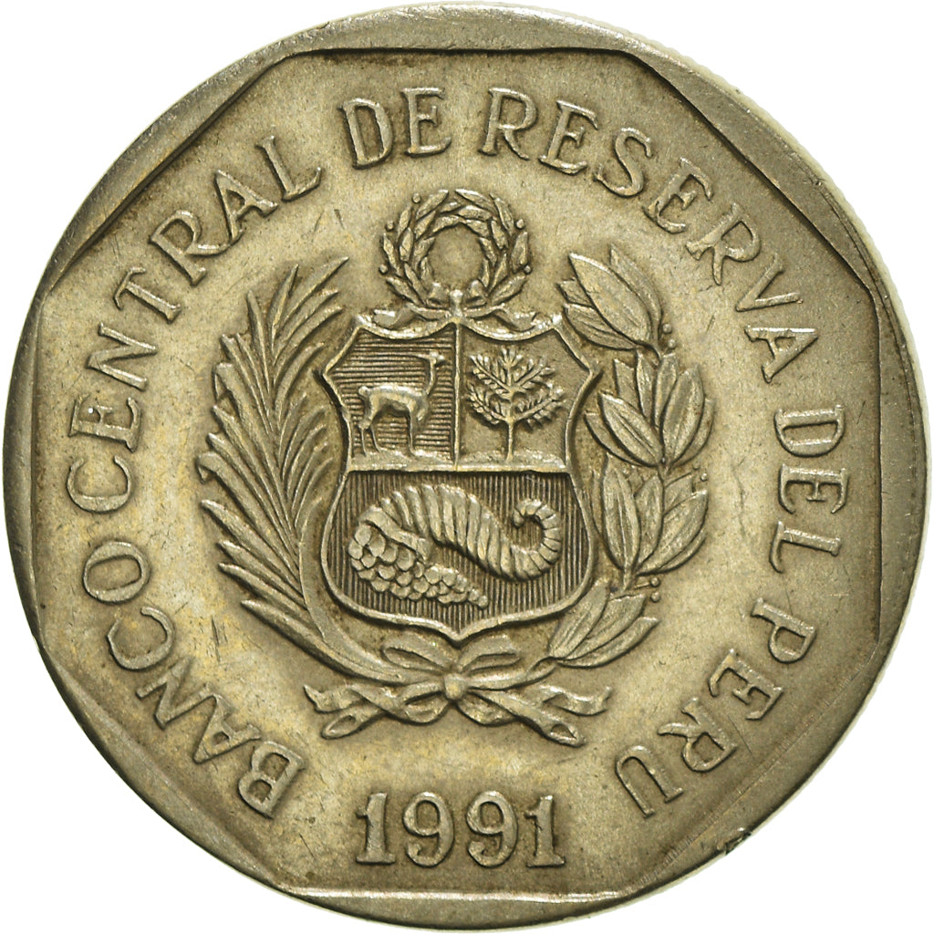 Moneda, Perú, Nuevo Sol, 1991, Lima, MBC, Cobre - níquel - cinc, KM:308.1
