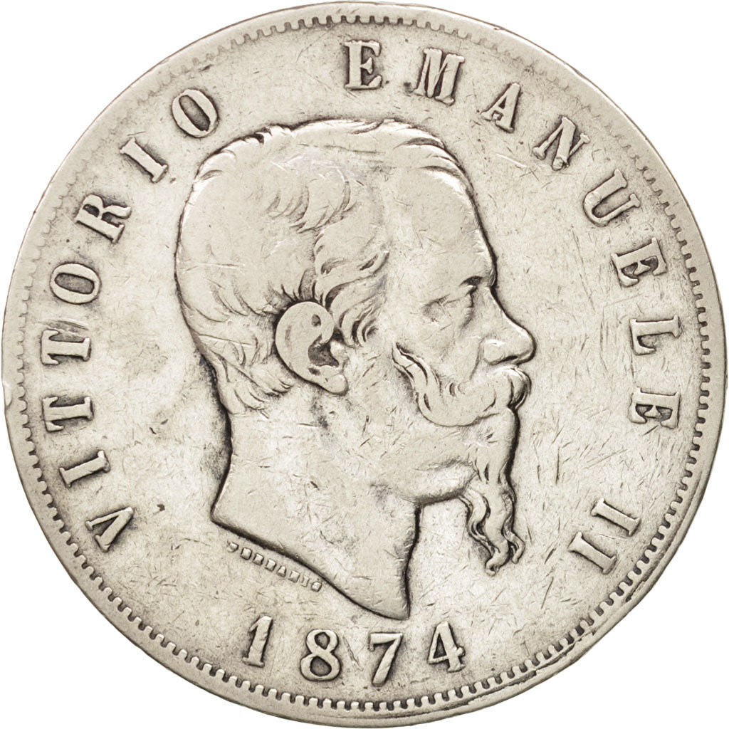 Italy, Vittorio Emanuele II, 5 Lire, 1874, Milan, VF(30-35), Silver, KM:8.3