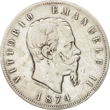 Italy, Vittorio Emanuele II, 5 Lire, 1874, Milan, VF(30-35), Silver, KM:8.3