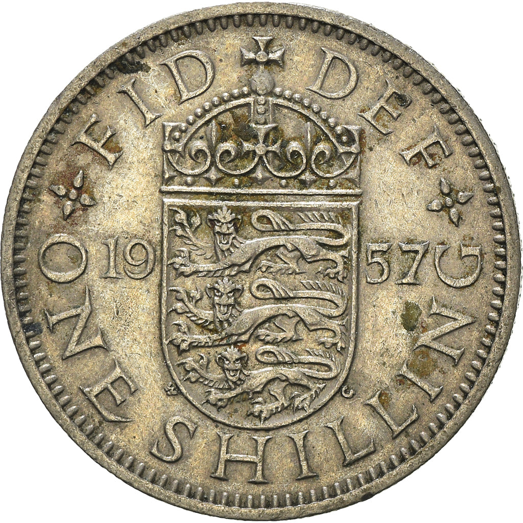 Coin, Great Britain, Elizabeth II, Shilling, 1957, VF(30-35), Copper-nickel