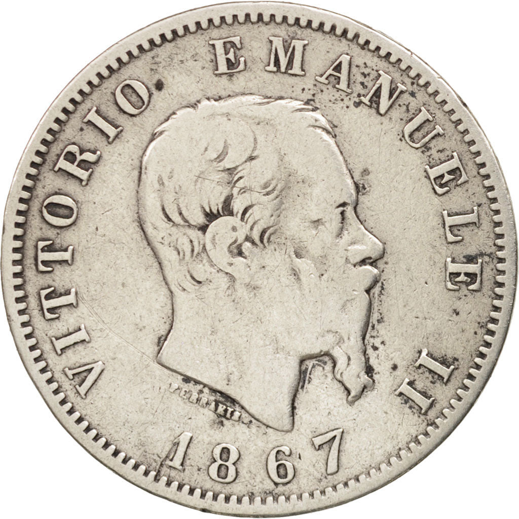 Italy, Vittorio Emanuele II, Lira, 1867, Milan, VF(20-25), Silver, KM:5a.1