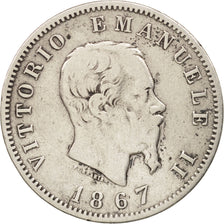 Italy, Vittorio Emanuele II, Lira, 1867, Milan, VF(20-25), Silver, KM:5a.1
