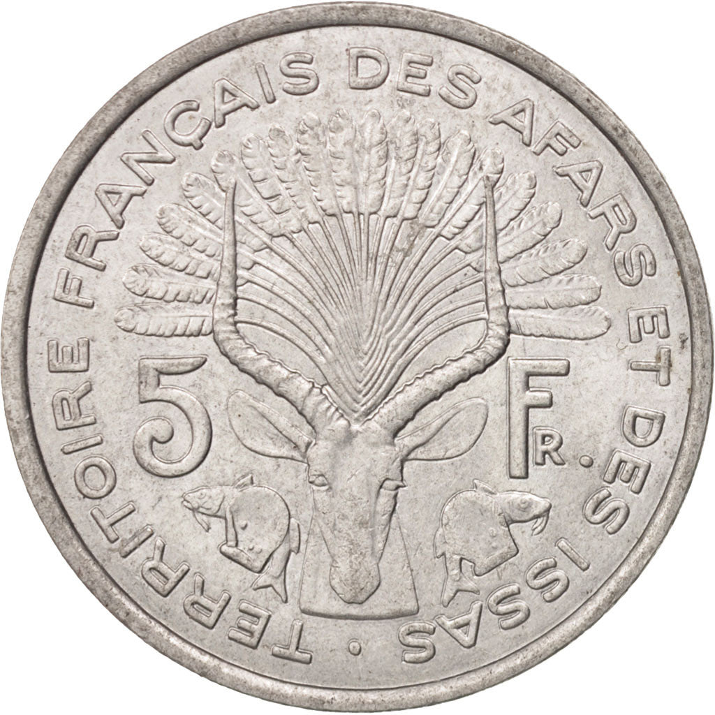FRENCH AFARS & ISSAS, 5 Francs, 1975, Paris, AU(50-53), Aluminum, KM:14
