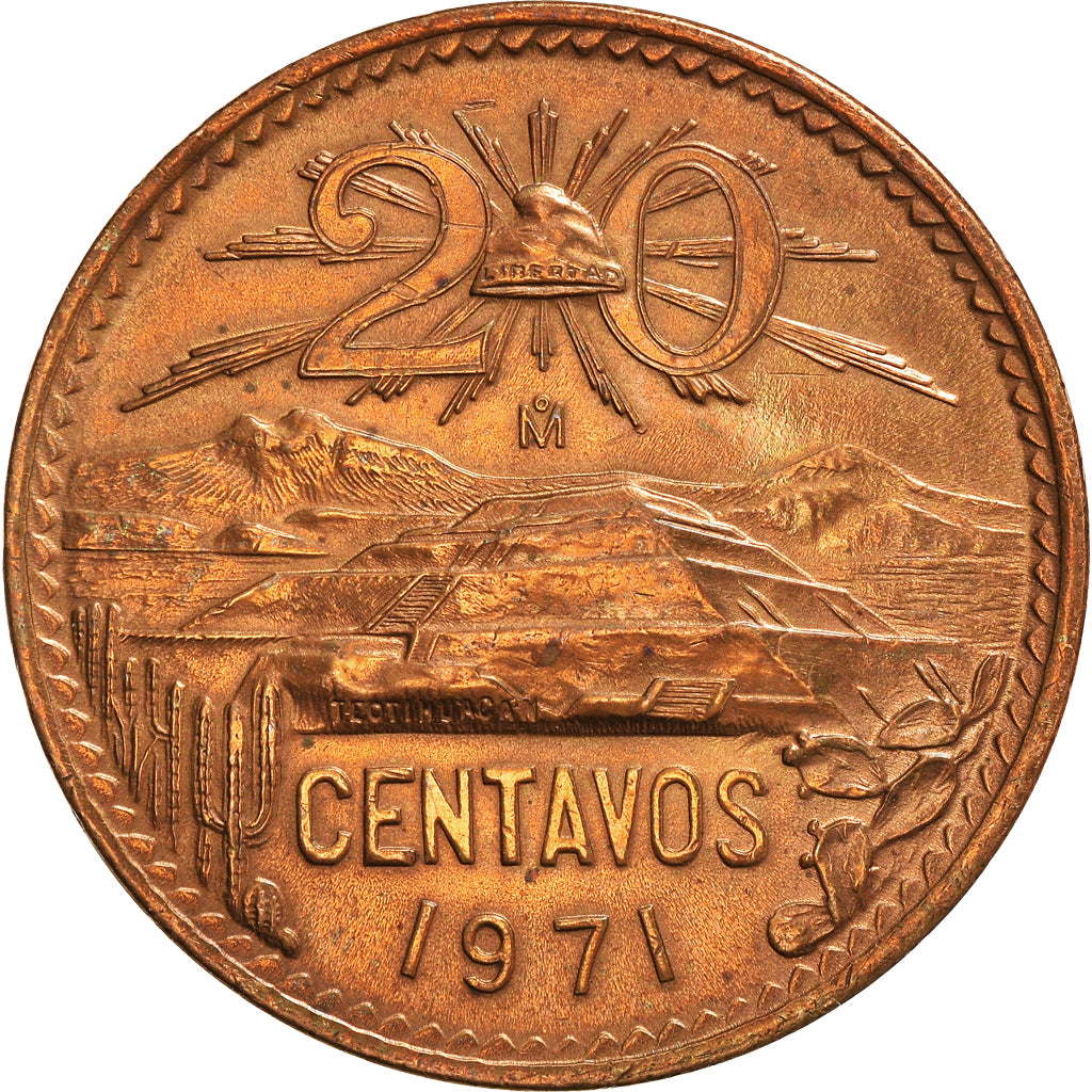 Coin, Mexico, 20 Centavos, 1971, Mexico City, AU(50-53), Bronze, KM:440
