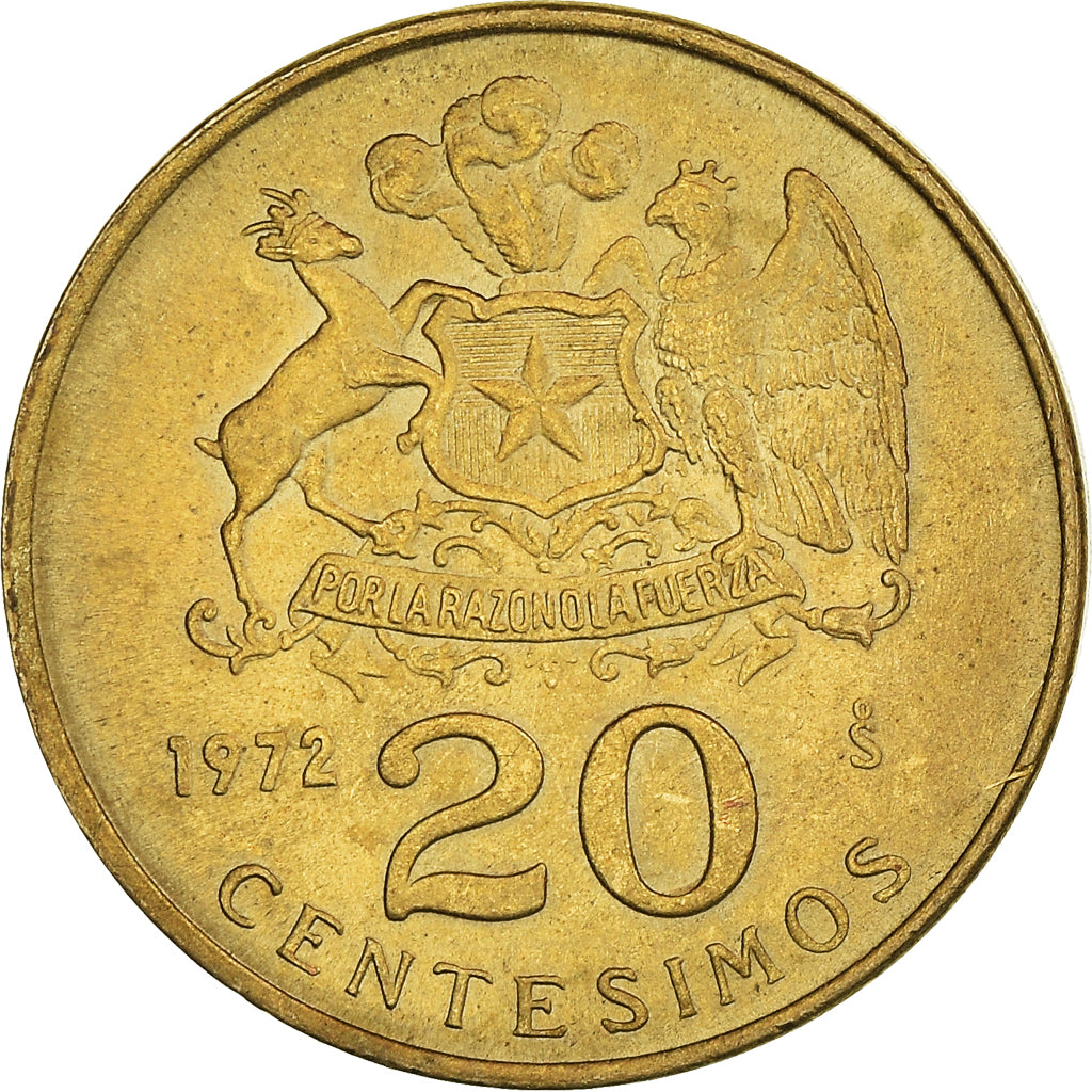 Coin, Chile, 20 Centesimos, 1972, Santiago, AU(55-58), Aluminum-Bronze, KM:195