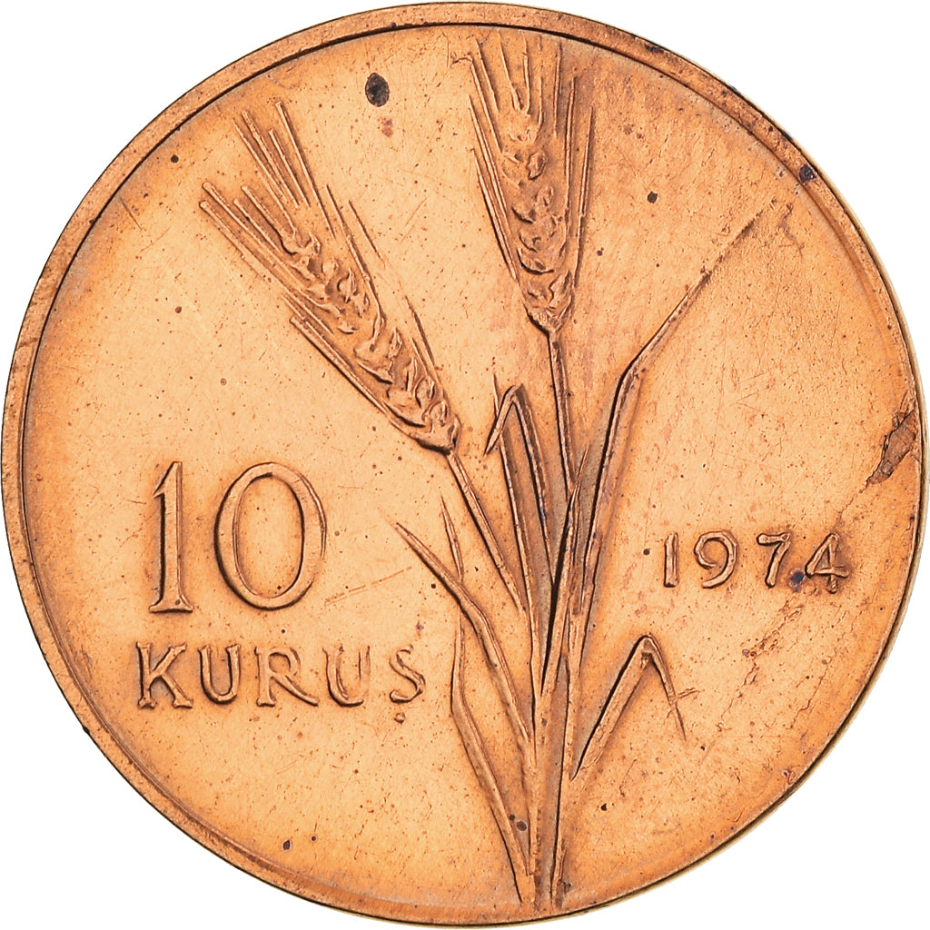 Moneda, Turquía, 10 Kurus, 1974, MBC+, Bronce, KM:891.3