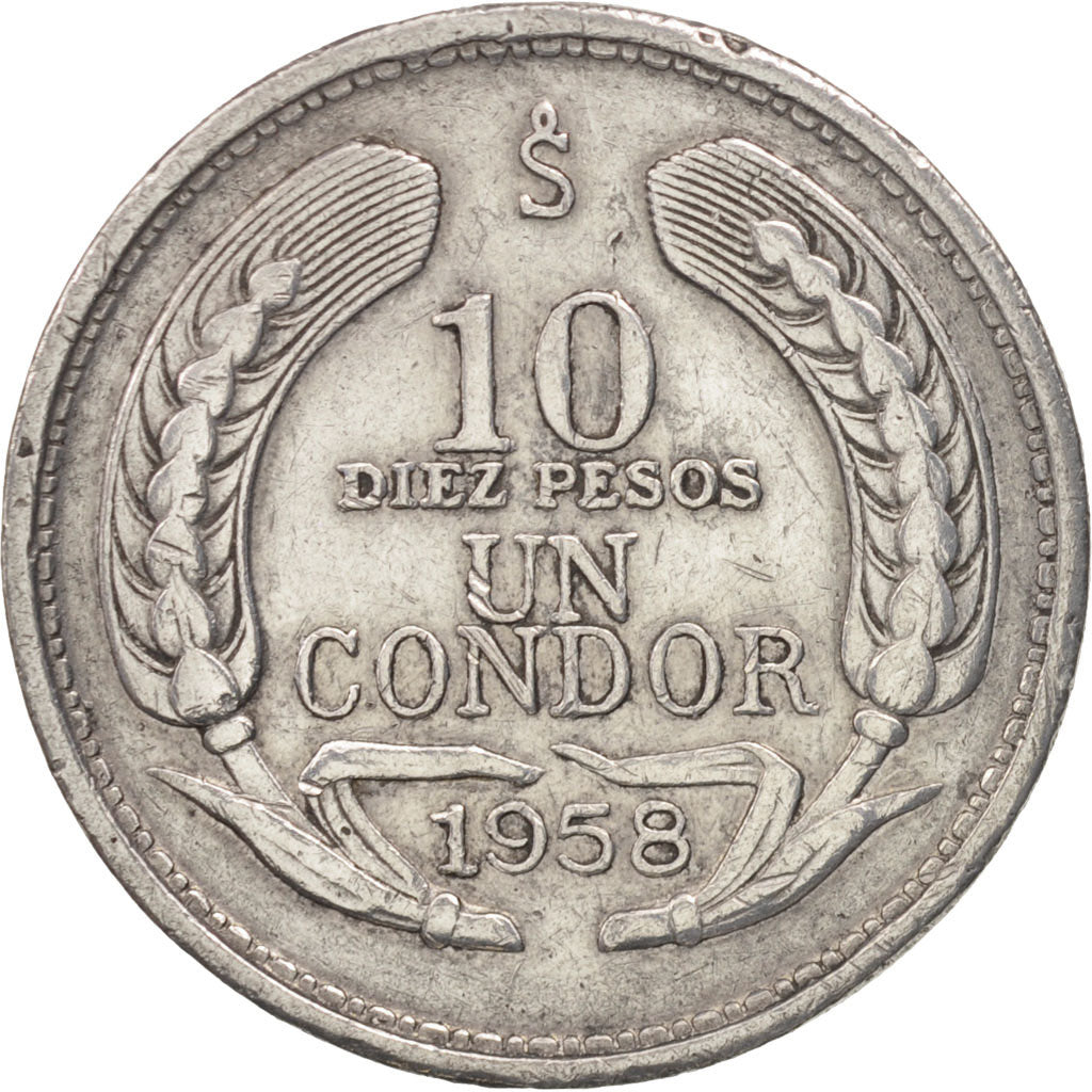 Cile, 10 Pesos, 1958, BB, Alluminio, KM:181