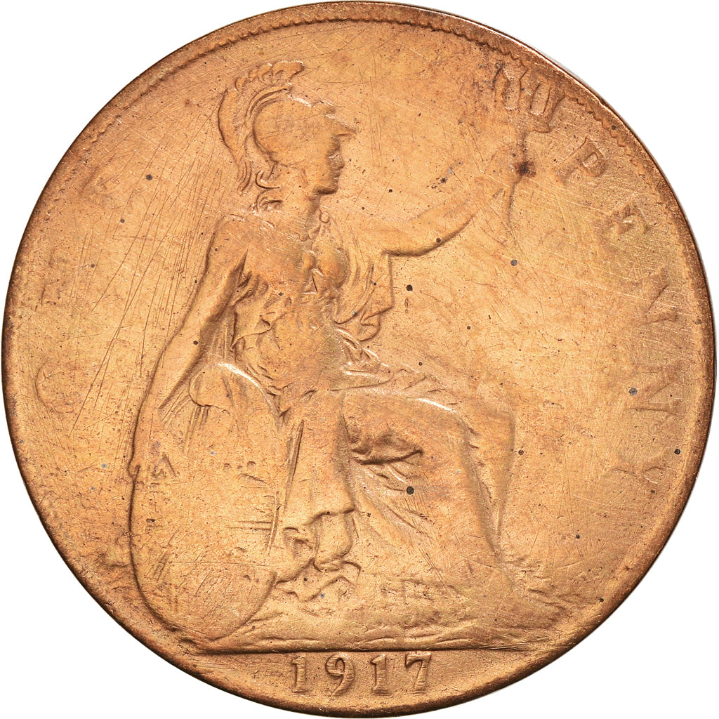 Moneta, Wielka Brytania, George V, Penny, 1917, F(12-15), Brązowy, KM:810