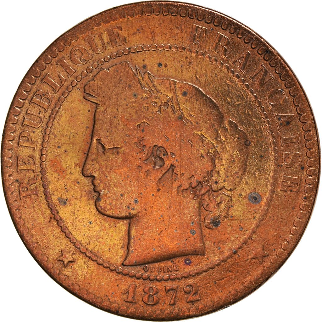 Moeda, França, Cérès, 10 Centimes, 1872, Paris, F(12-15), Bronze, KM:815.1
