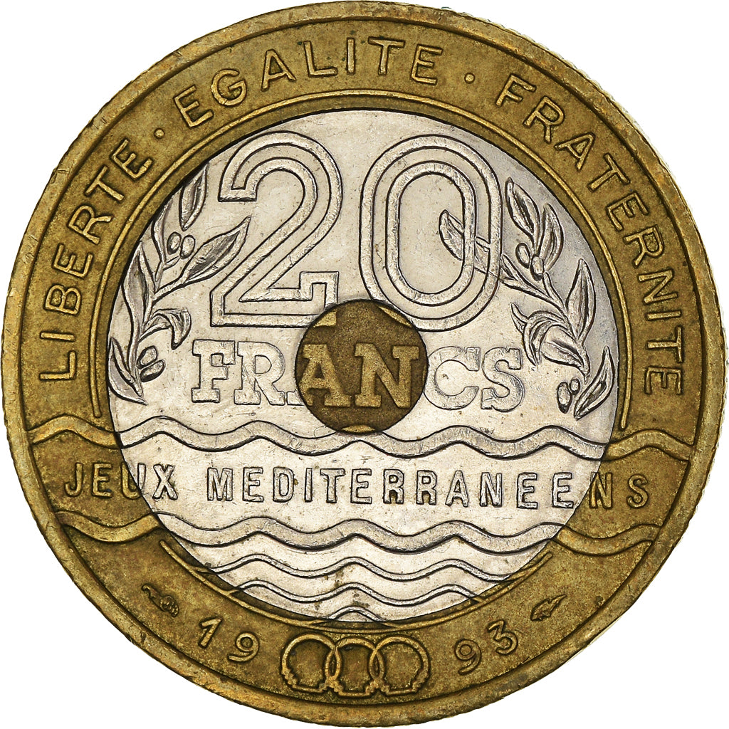 Moeda, França, Jeux Méditerranéens, 20 Francs, 1993, Paris, VF(30-35)