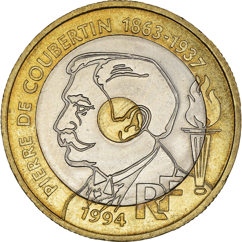 Coin, France, Pierre de Coubertin, 20 Francs, 1994, AU(55-58), Tri-Metallic