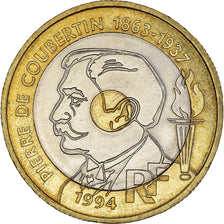 Coin, France, Pierre de Coubertin, 20 Francs, 1994, AU(55-58), Tri-Metallic