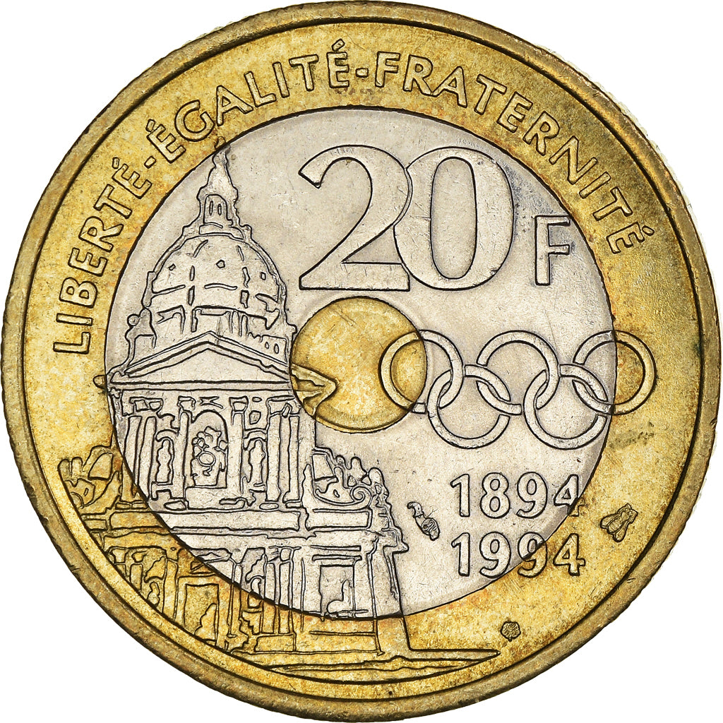 Coin, France, Pierre de Coubertin, 20 Francs, 1994, AU(55-58), Tri-Metallic