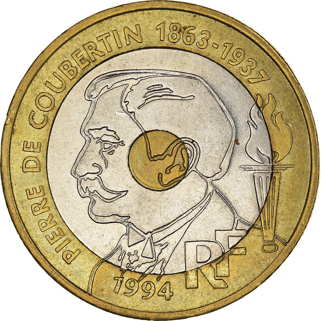 Moeda, França, Pierre de Coubertin, 20 Francs, 1994, EF(40-45), Trimetálico