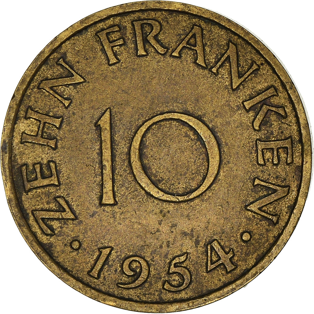 Coin, SAARLAND, 10 Franken, 1954, Paris, VF(30-35), Aluminum-Bronze, KM:1