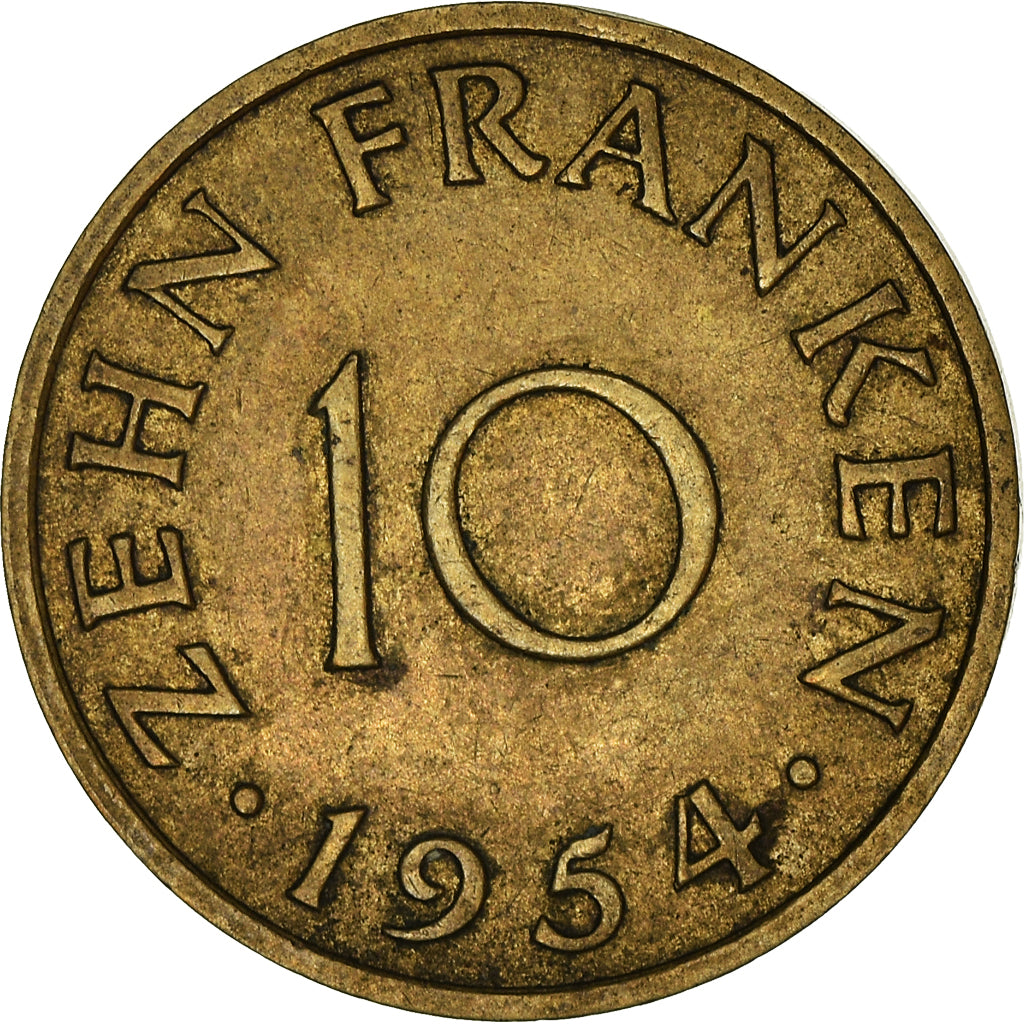 Coin, SAARLAND, 10 Franken, 1954, Paris, VF(30-35), Aluminum-Bronze, KM:1