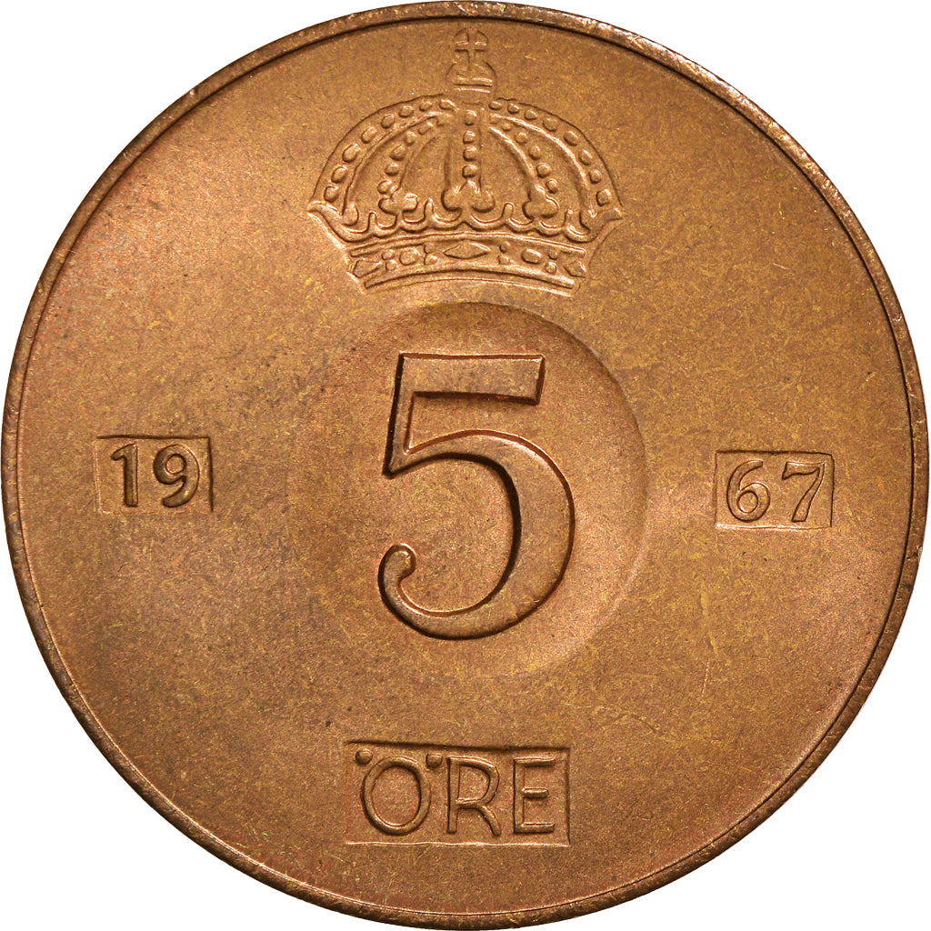 Coin, Sweden, Gustaf VI, 5 Öre, 1967, AU(55-58), Bronze, KM:822