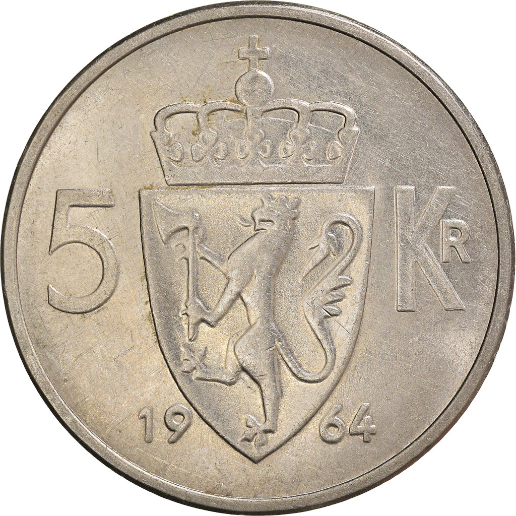 Coin, Norway, Olav V, 5 Kroner, 1964, AU(50-53), Copper-nickel, KM:412