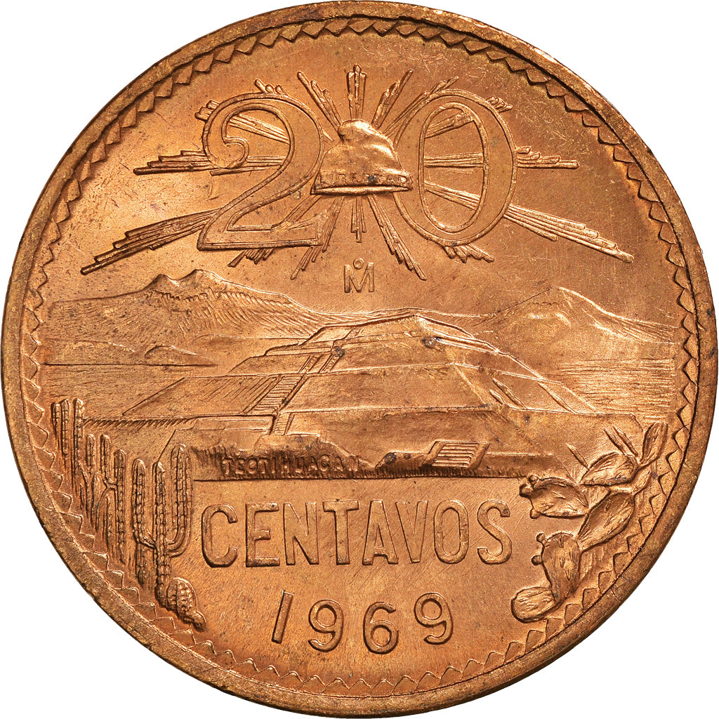 Coin, Mexico, 20 Centavos, 1969, Mexico City, AU(50-53), Bronze, KM:440