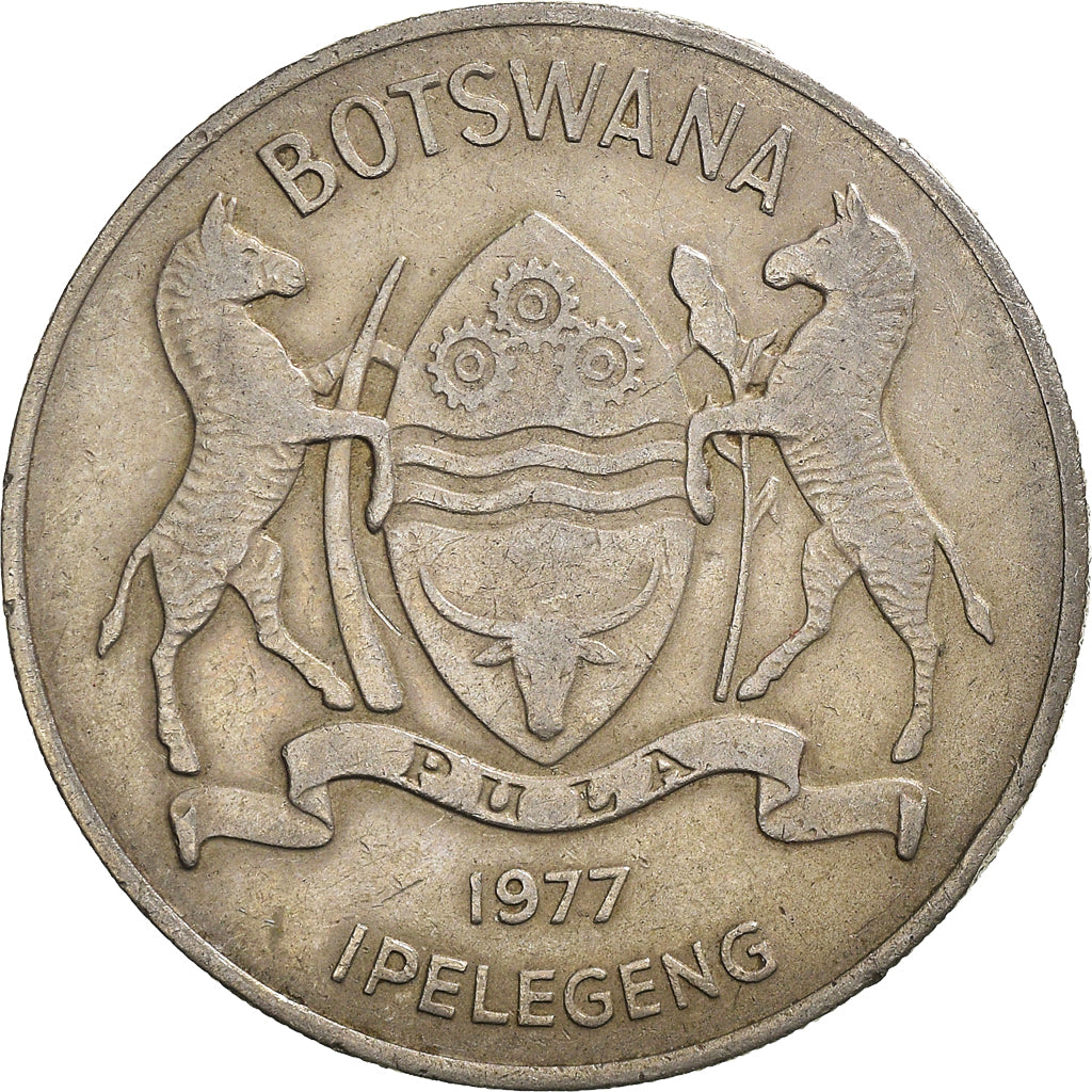 Coin, Botswana, 50 Thebe, 1977, British Royal Mint, EF(40-45), Copper-nickel
