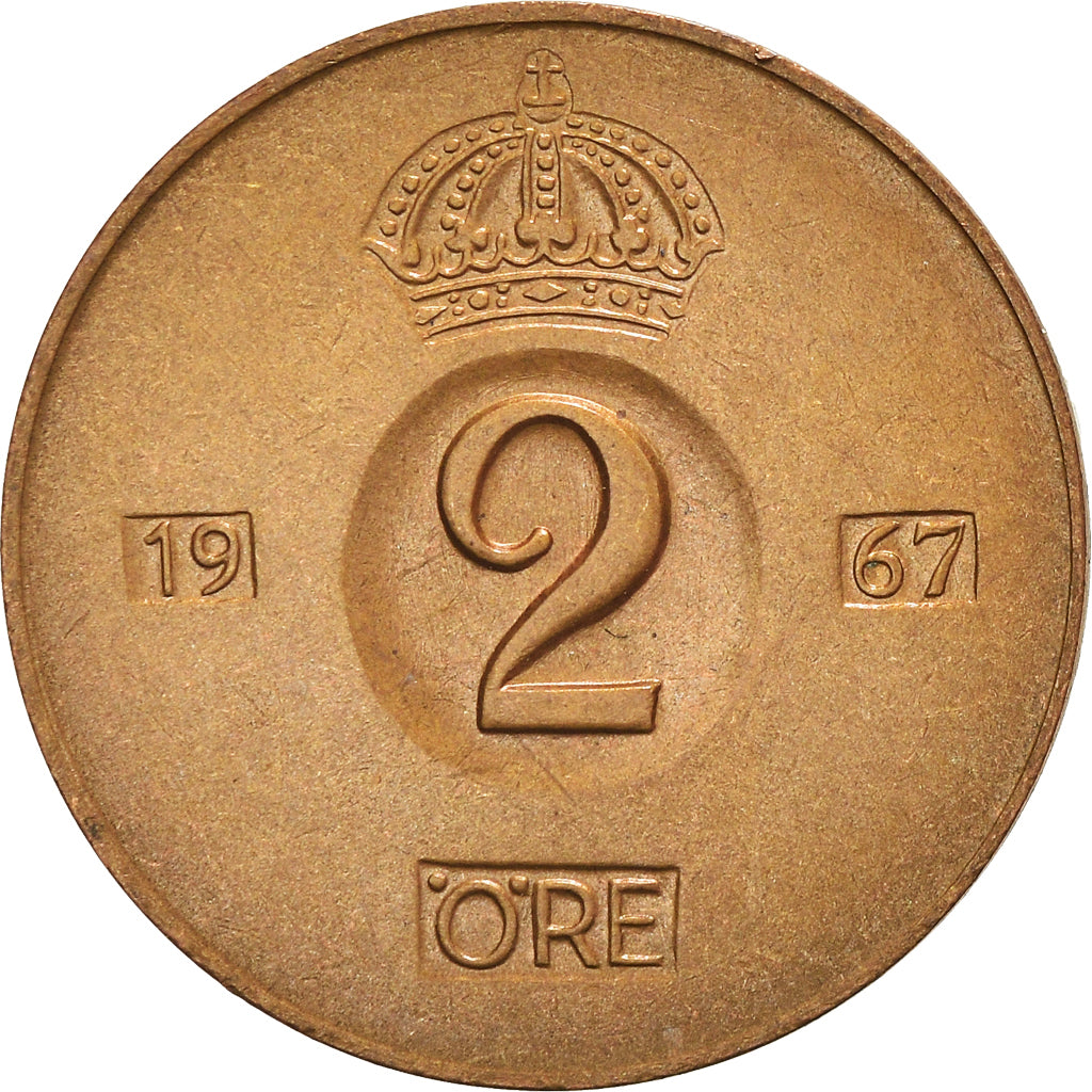 Coin, Sweden, Gustaf VI, 2 Öre, 1967, AU(55-58), Bronze, KM:821