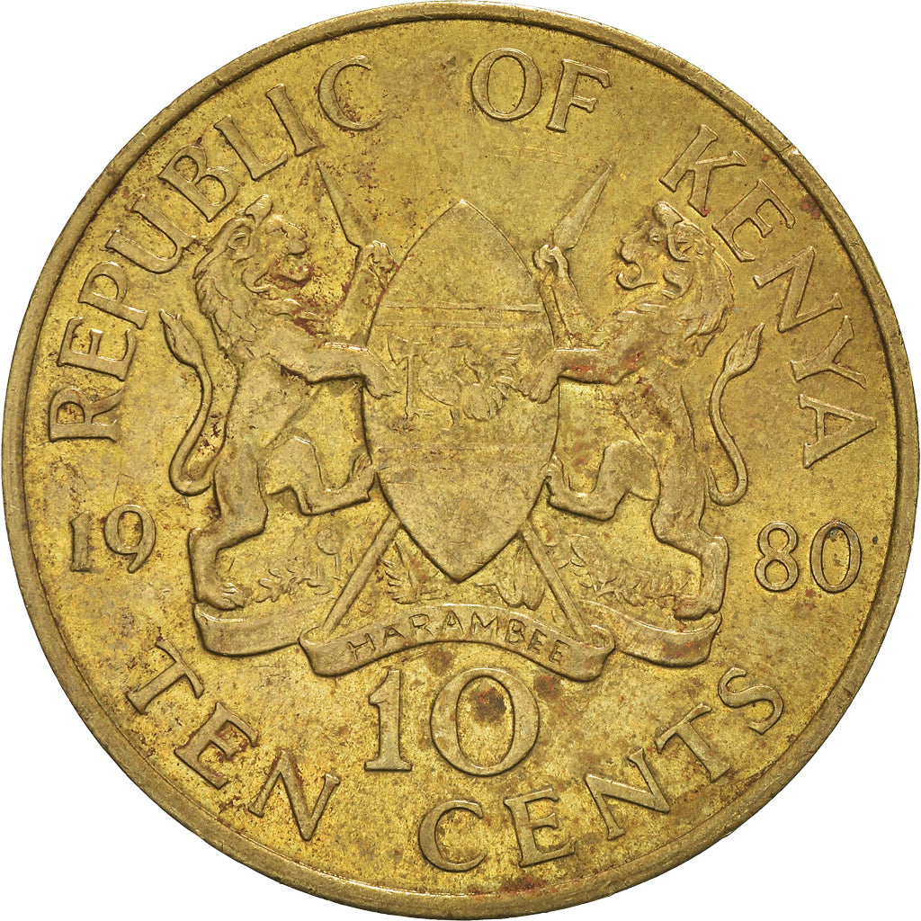Moeda, Quénia, 10 Cents, 1980, British Royal Mint, VF(30-35), Níquel-Latão