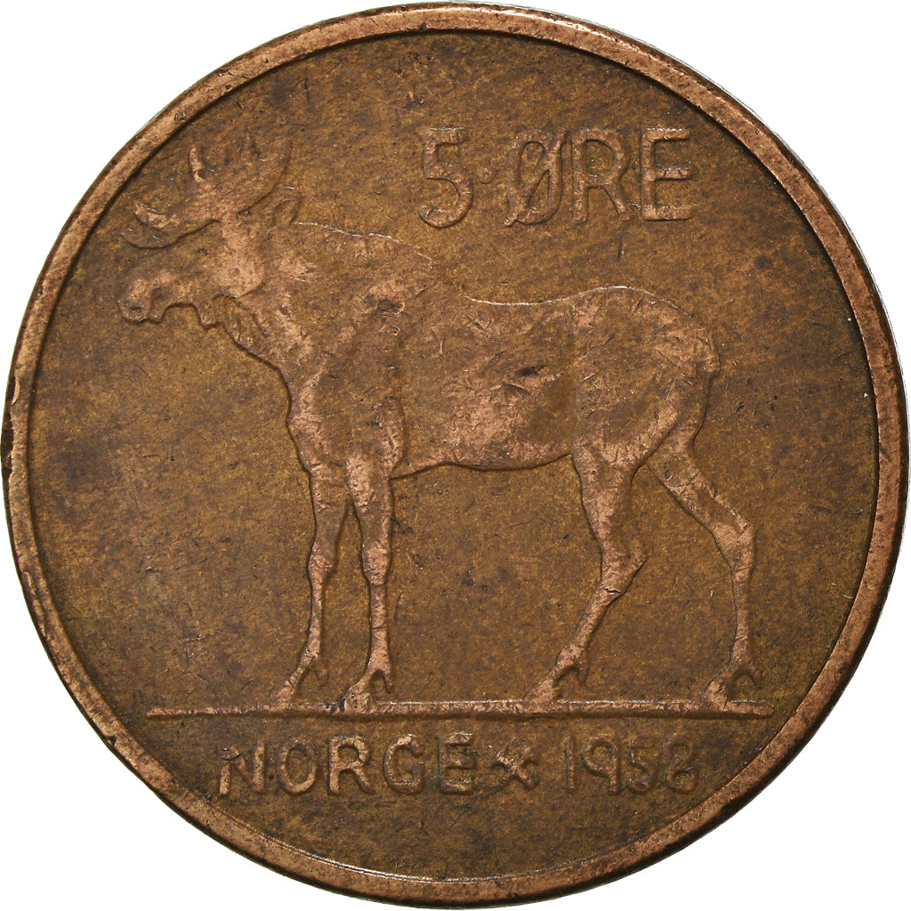 Coin, Norway, Olav V, 5 Öre, 1958, EF(40-45), Bronze, KM:405
