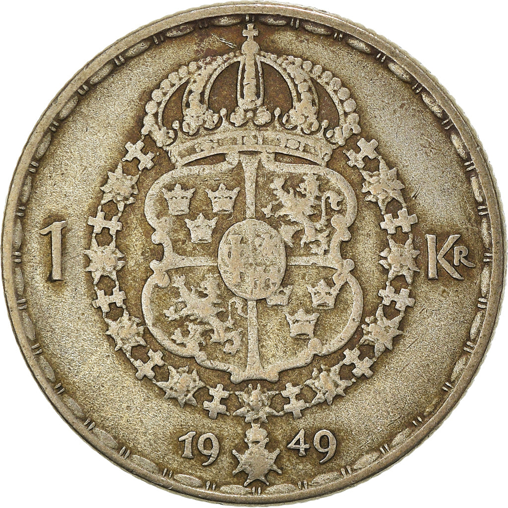 Moneda, Suecia, Gustaf V, 1 Krona, 1949, BC+, Plata, KM:814