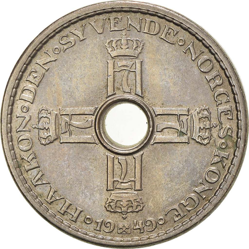 Coin, Norway, Haakon VII, Krone, 1949, AU(50-53), Copper-nickel, KM:385