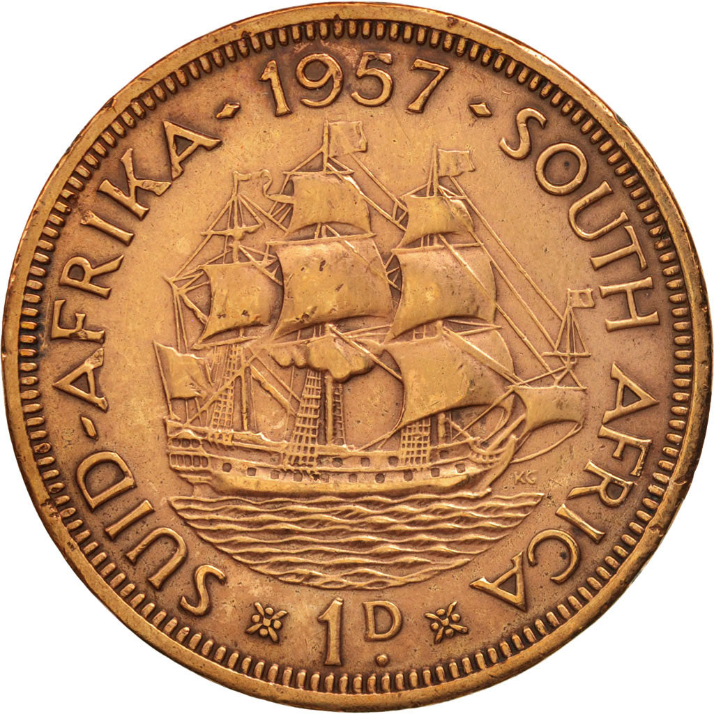 South Africa, Elizabeth II, Penny, 1955, EF(40-45), Bronze, KM:46