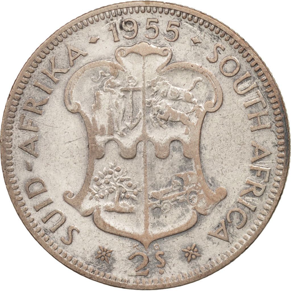 Afrique du Sud, Elizabeth II, 2 Shillings, 1955, TB, Argent, KM:50