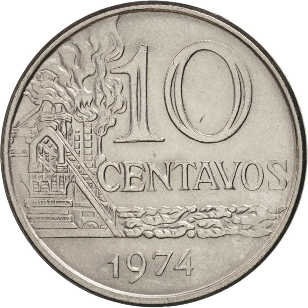Coin, Brazil, 10 Centavos, 1974, MS(63), Stainless Steel, KM:578.1a