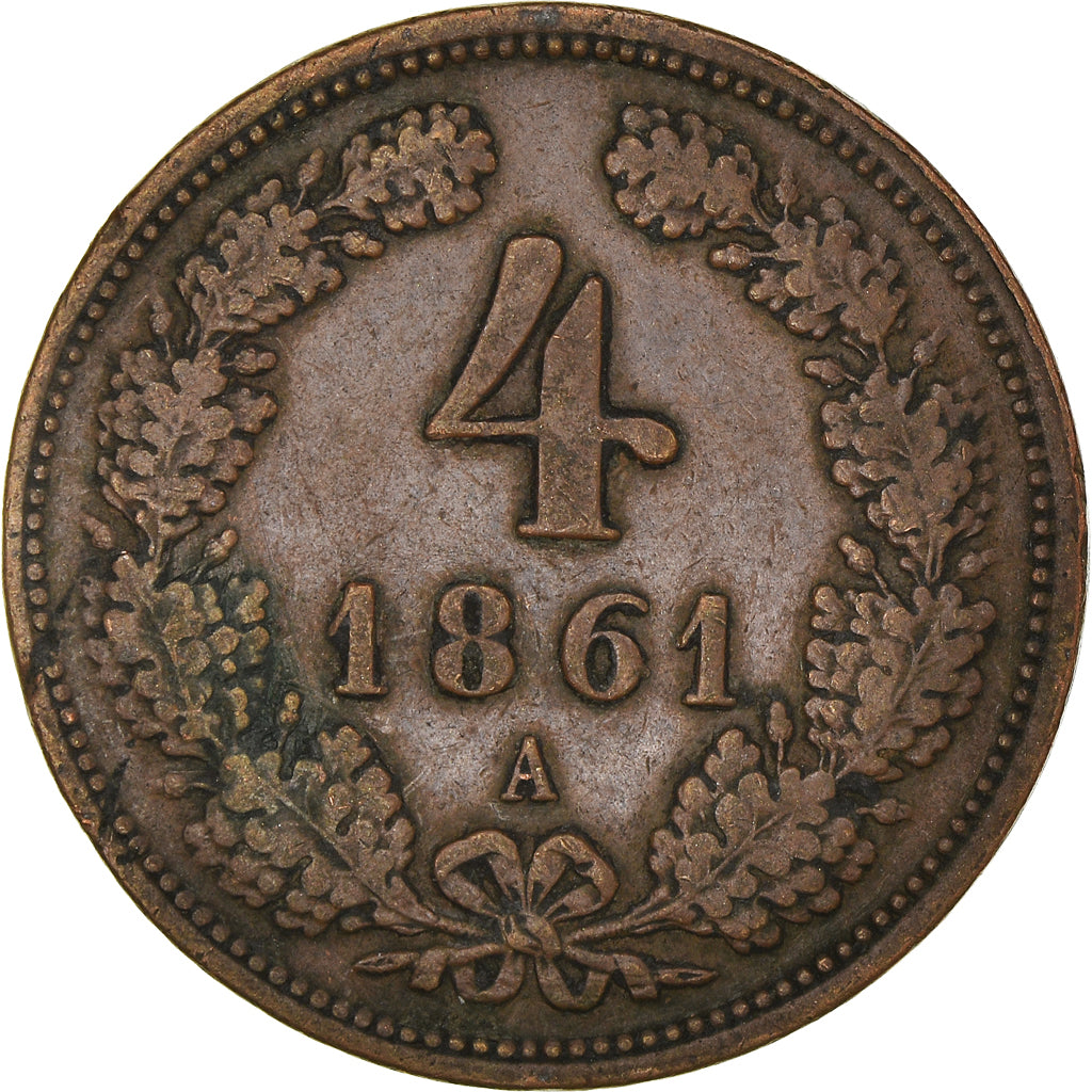 Moeda, Áustria, Franz Joseph I, 4 Kreuzer, 1861, A., AU(50-53), Cobre, KM:2194