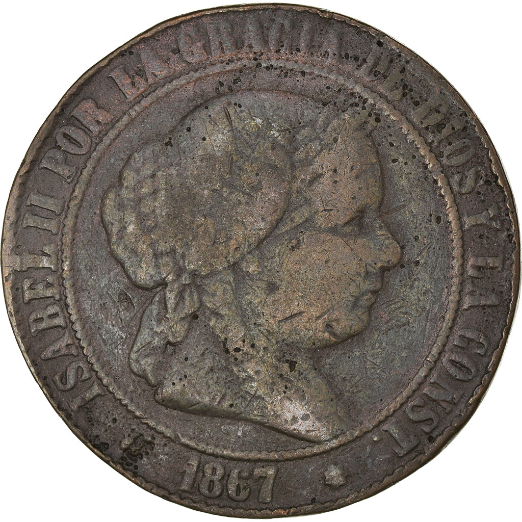 Moneda, España, Isabel II, 5 Centimos, 1867, Madrid, BC+, Cobre, KM:635.1