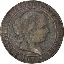 Moneda, España, Isabel II, 5 Centimos, 1867, Madrid, BC+, Cobre, KM:635.1