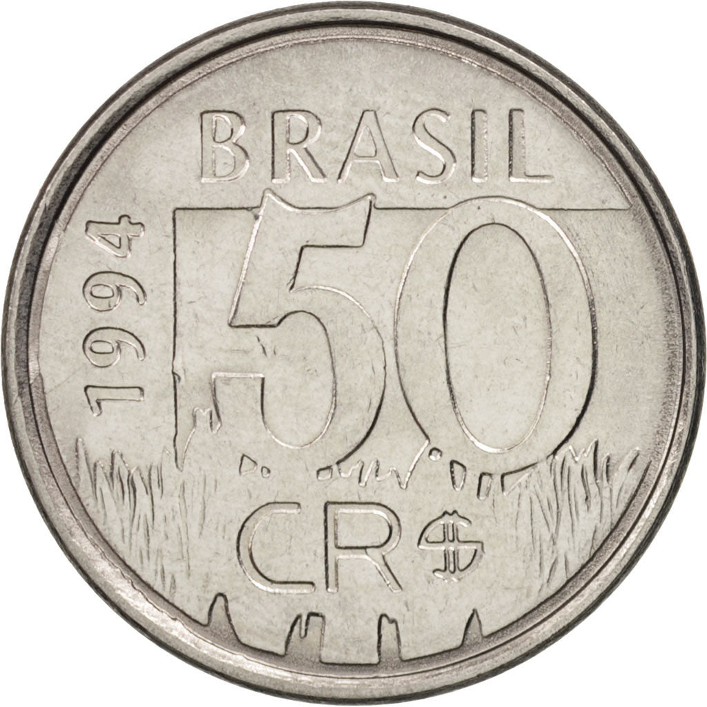 Brazil, 50 Cruzeiros Reais, 1994, AU(55-58), Stainless Steel, KM:629